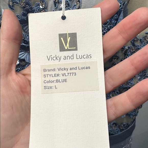 Vicky and Lucas Blue 3D Floral Applique Sequin Mesh Formal Gown Dress Size L - Picture 2 of 7